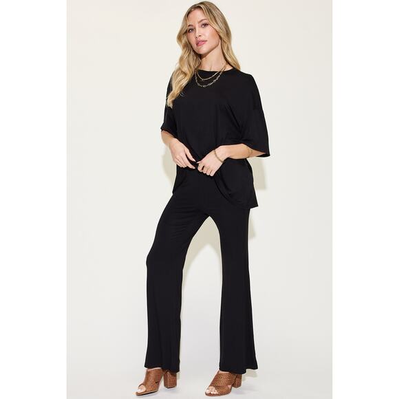 Basic Bae Black Two Piece Bamboo Drop Shoulder T-Shirt and Flare Pants Set - Picture 1 of 4